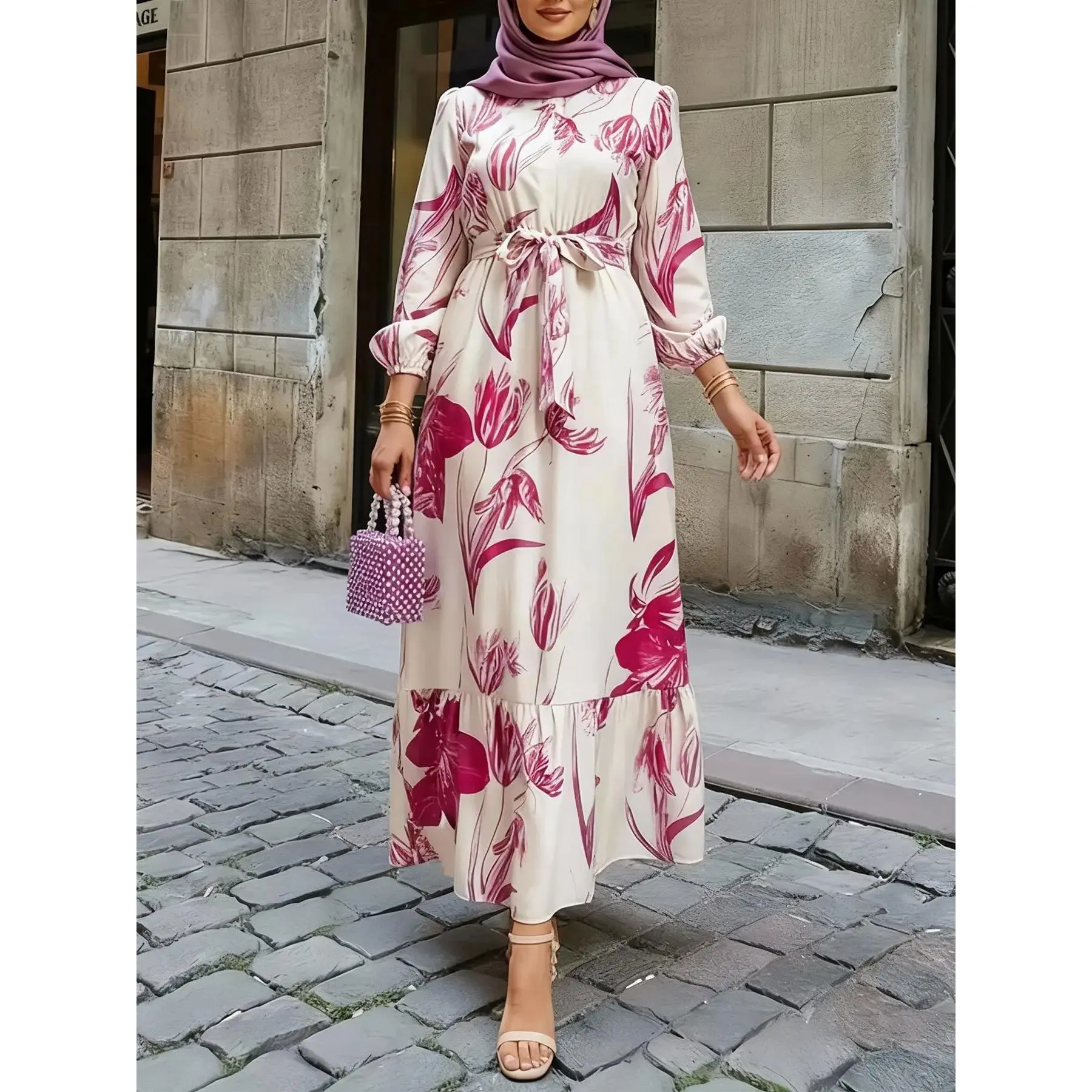 Elegant Women's Floral Print Dress, Modest Dress, Modest Muslim Clothing, Elastic Waist Patchwork Hem, Casual Daily Wear, Travel, Holiday, Vacation, Party