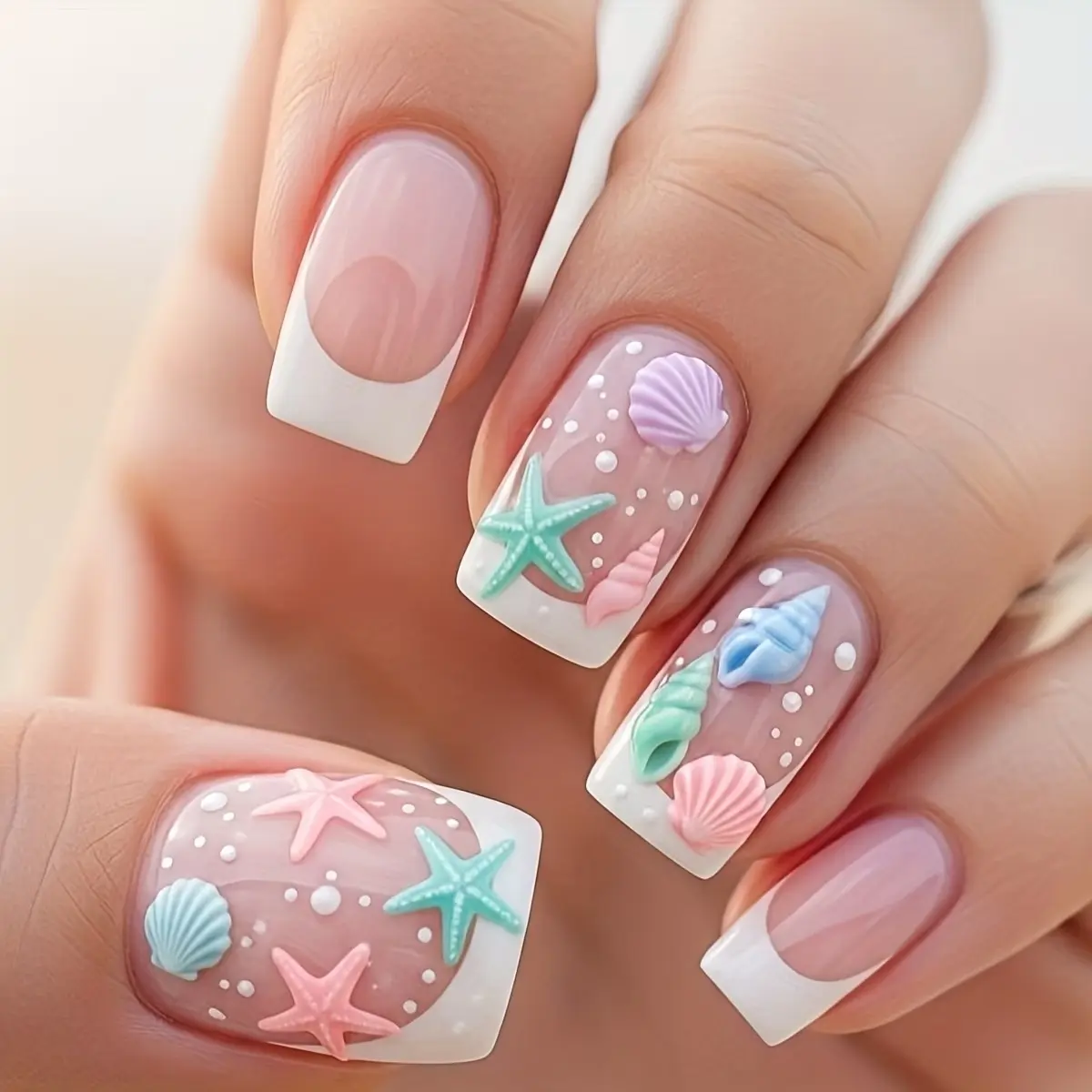 24pcs Square Press-On Fake Nails, Summer Beach Ocean Nail Art Stickers, Shell Star Pearl Designs, Jelly Glue & File Included