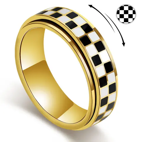 Checkered Fidget Ring For Adults - Stainless Steel Rotating Spinner Jewelry, Anxiety & Stress Relief Gift For Women/Men, Fidget Anxiety Rings (Black And White Pattern)