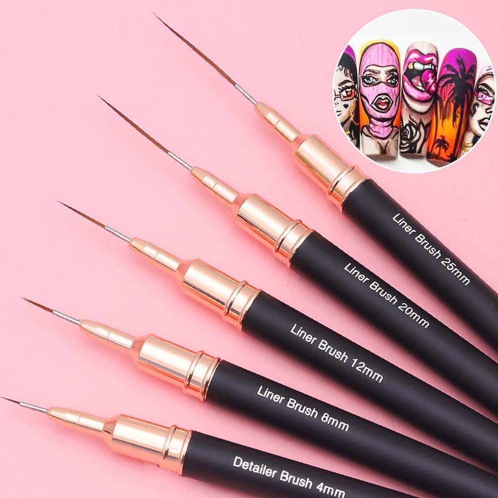 5pcs/set Black Fine Nail Art Brush Set, Including 4/8/12/20/25mm Nail Art Brushes, Professional Manicure Brush Nail Art Design Tools for Women & Girls,  Nail Supplies
