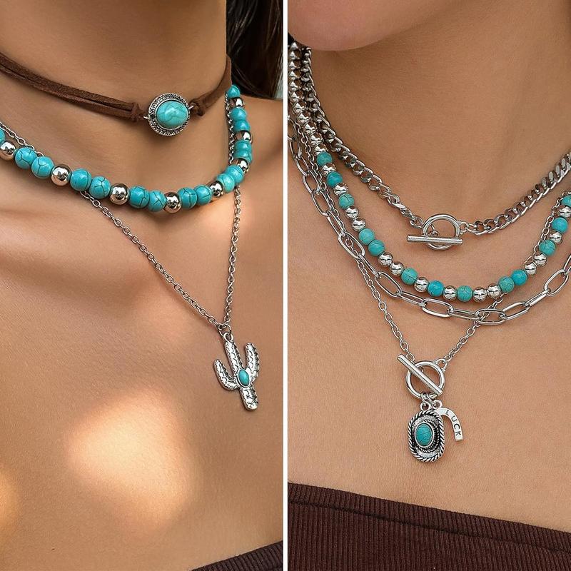 Bohemian  Set With Turquoise Necklace, Dangle Earrings, Stackable Bangle Bracelets, Knuckle Rings For Women  Western Boho Turquoise Anniversary Birthday Friendship