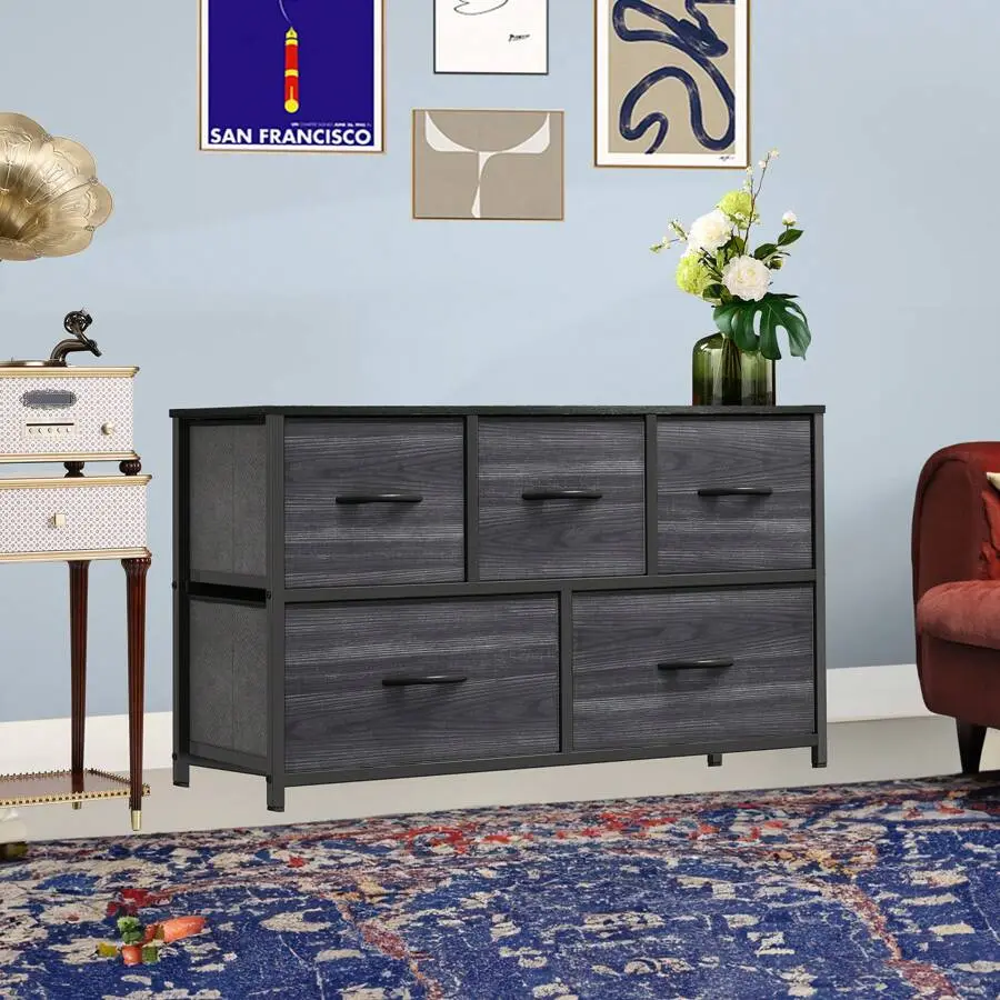 Homnibu Dresser With 5 Drawers - Storage Tower, Organizer Unit Bedroom, Living Room, Closets & Nursery - Sturdy Steel Frame, Wooden Top, Charcoal Black Wood Grain Halloween Decorations Halloween Costumes Autumn Decor Festival Decor Back To School Dormitor