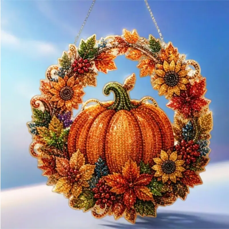 Pumpkin Diamond Art Hanging Ornament Kit, Hangable Autumn Pumpkin Wreath, Halloween Home Decor, Harvest Festival Decoration, DIY Craft Kit