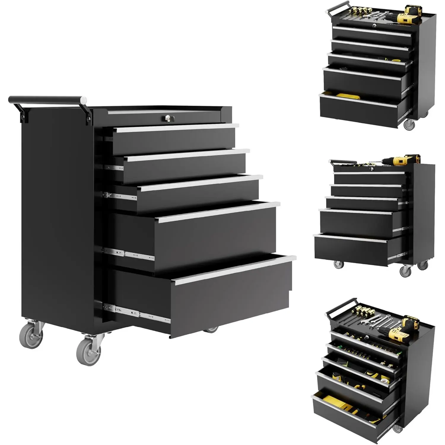 Rolling Tool Chest with Lock and Wheels, 5 Drawer Tool Storage Cabinet, Portable Toolbox Organizer with Smooth Ball-Bearing Drawers, Lockable Wheels & Anti-Tip Design, Heavy Duty Tool Chest Cart for Garage, Mechanic, Workshop, Shop, Mobile Tool Organizer