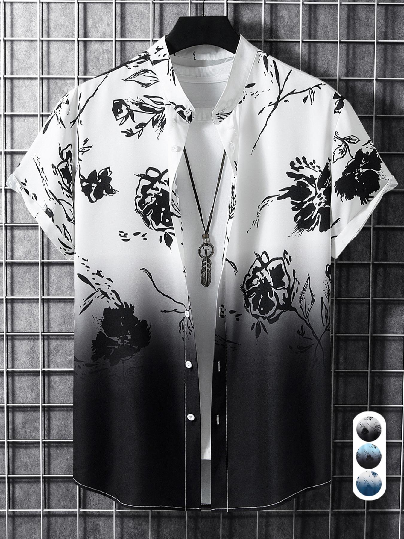Men's Summer Clothes, Ombre Floral Print Button Front Shirt, Regular Fit Casual Soft Comfy Short Sleeve Mock Neck Top for Summer, Men's Clothes for Daily Wear