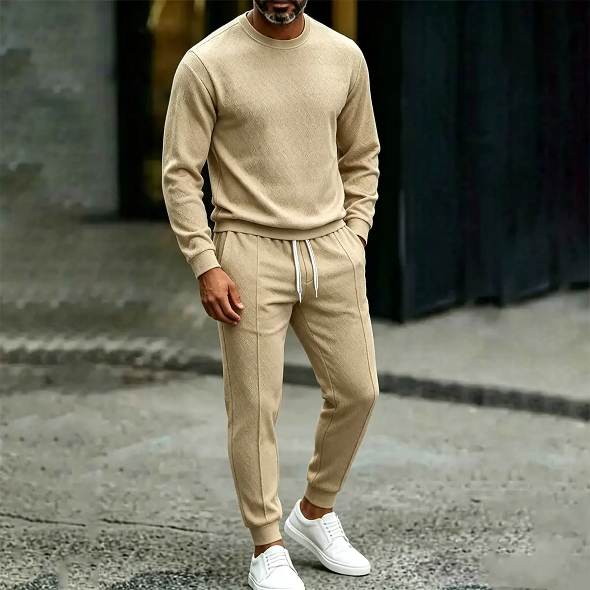 Mens Solid Khaki Diamond Textured Crew Neck Tracksuit 2Pcs Outfit, Long Sleeve Pullover Top and Drawstring Elastic Cuff Jogger Pants, Modern Casual Daily Streetwear Suit