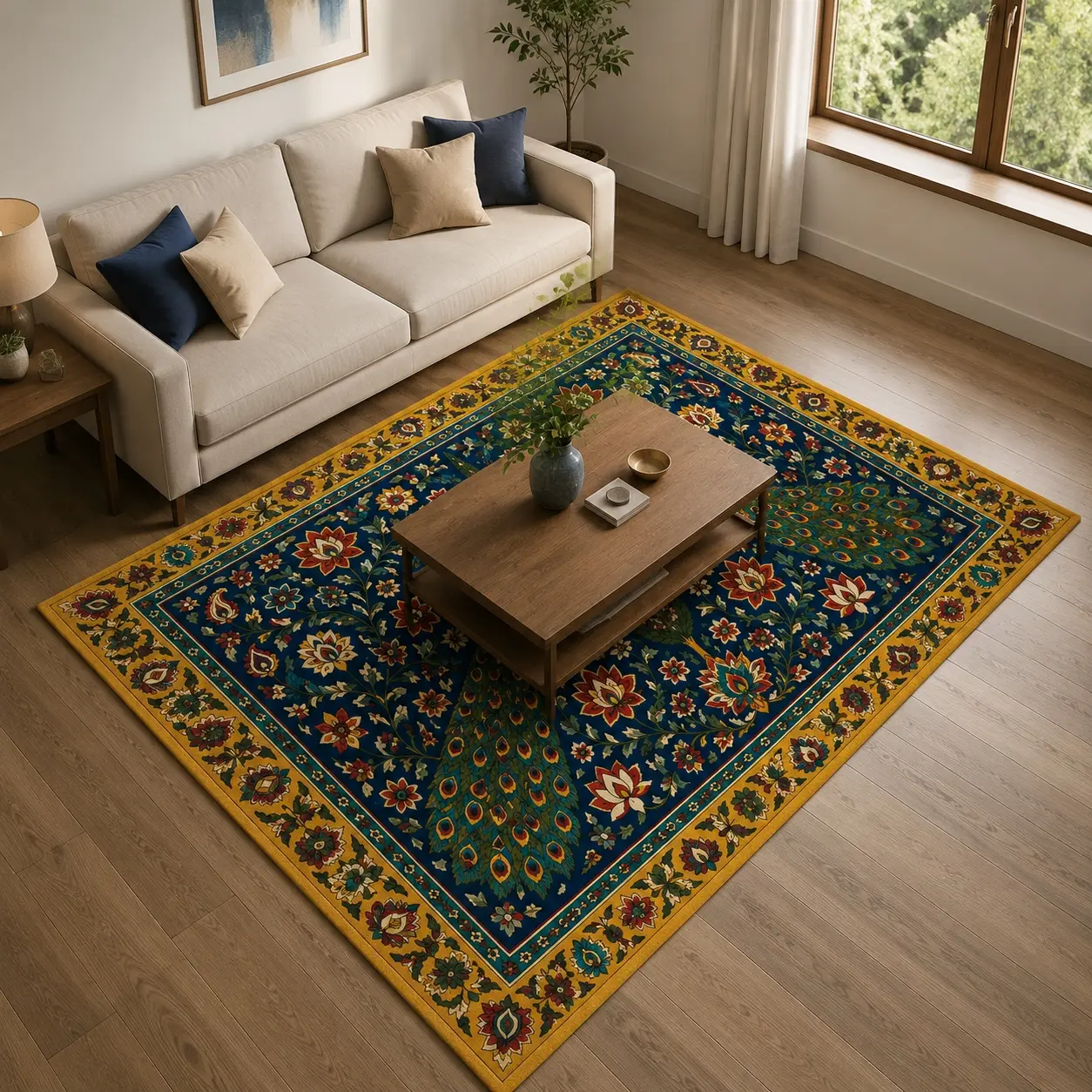 Peacock Floral Pattern Plush Faux Cashmere Rug for Living Room Bedroom Non-Slip Machine Washable Decorative Floor Mat
