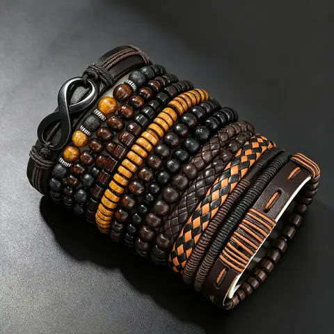 Fashion Street Style Wooden Bead PU Leather Bangle Set, Casual Bracelets for Boys, Trendy Jewelry for Daily Wear, No Box Included, Beaded Bracelets Set #GLOBAL PICKS
