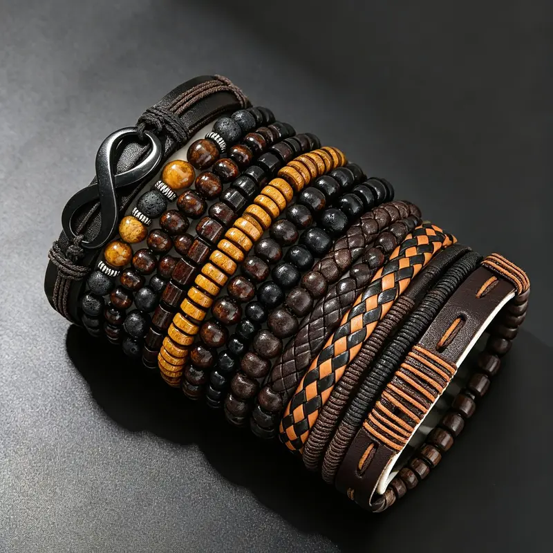Fashion Street Style Wooden Bead PU Leather Bangle Set, Casual Bracelets for Boys, Trendy Jewelry for Daily Wear, No Box Included, Beaded Bracelets Set #GLOBAL PICKS