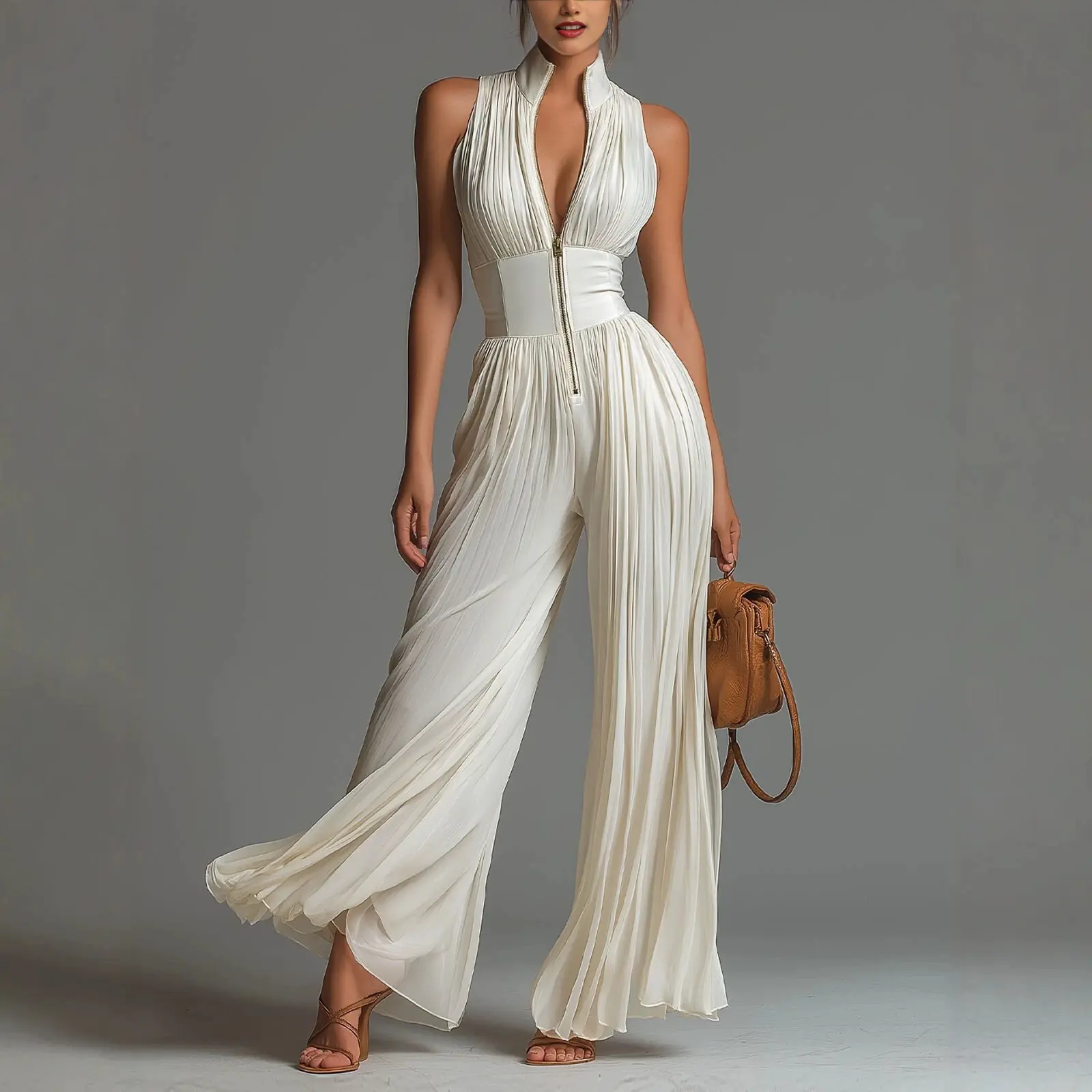 Women's White Pleated Halter-Neck Sleeveless Wide-Leg Long Sports Jumpsuit - Fashionable Sports Dress