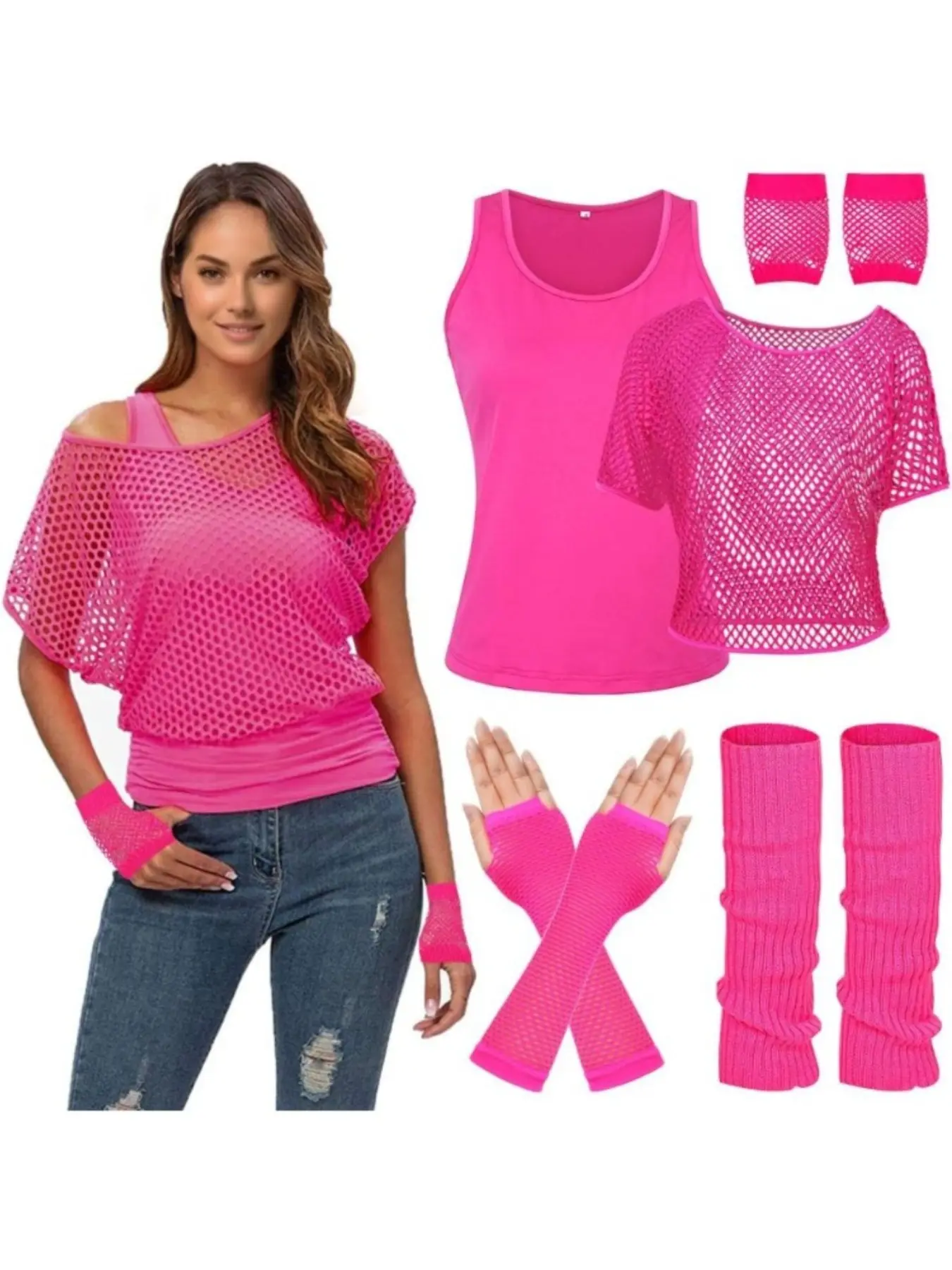 Carnival 1980s Festive Party Prom Fishnet T-Shirt Gloves Foot Cover Vest Set Halloween Celebration Party Ladies Dress Up Accessories Set