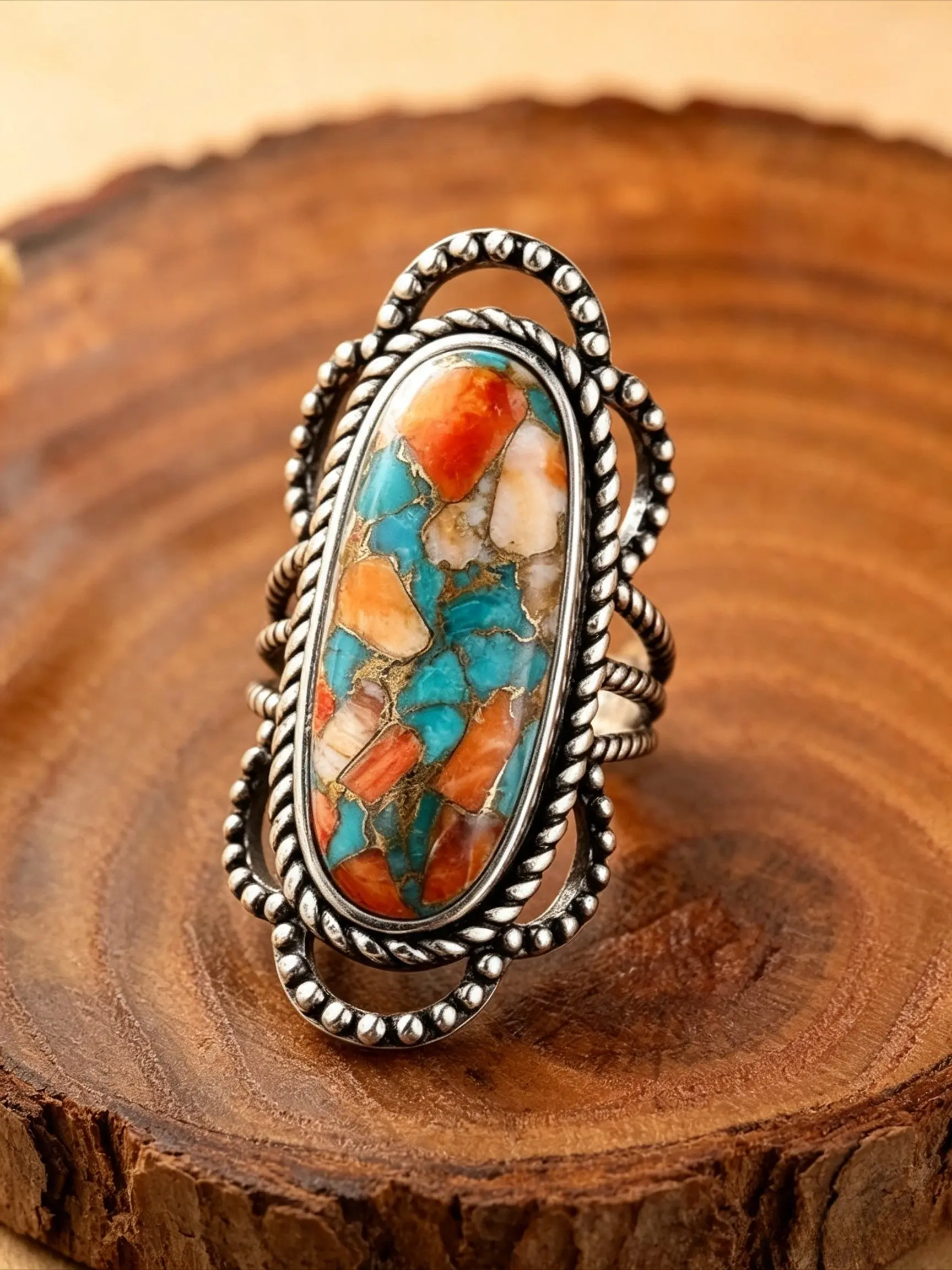 A Vintage-Style, Distressed, Twisted-Edge, Multicolored Ring for Women: Vintage Rings, Niche Design, Ethnic Style, Versatile for Everyday Wear, Bohemian Ring