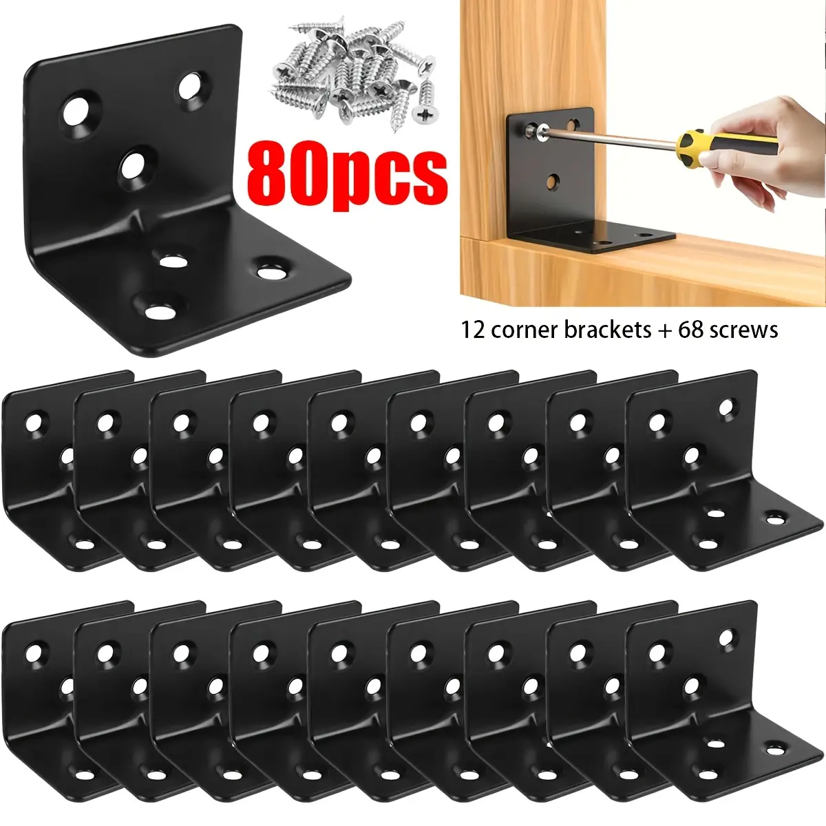 80Pcs Heavy Duty Black Metal L Bracket Set, including 12 right angle brackets and 68 matching screws. Pre-drilled holes and smooth round edges for easy installation. 90-degree stainless steel corner braces, perfect for fixing wooden furniture, bed frames