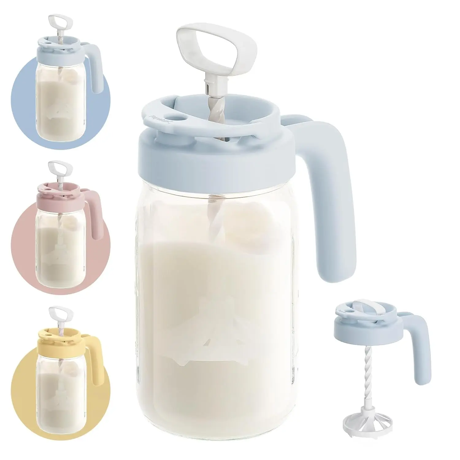 Breast Milk Pitcher, Glass Formula Mixer with Easy-Blend Handle Lid, Leakproof Breastmilk Fridge Storage Container, Wide Mouth, BPA-Free, Baby Feeding Pitcher, Blue