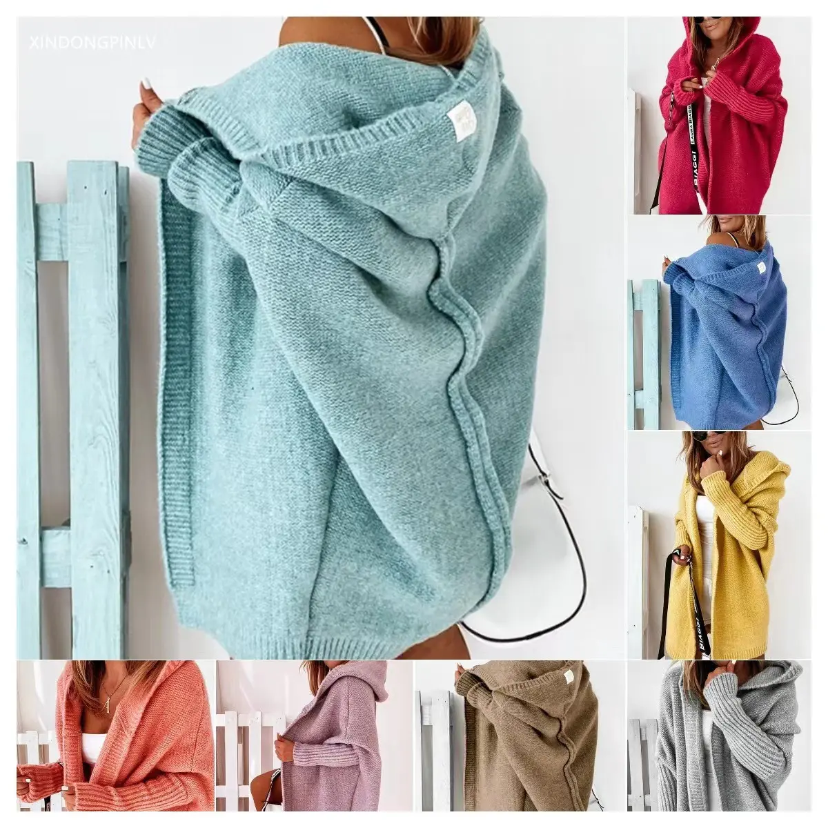 Open Front Hooded Knit Cardigan Women Ribbed Cuff Oversized Loose Long Sleeve Hoodie Sweater Coat