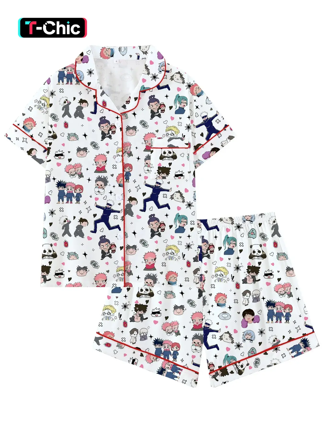 Cool Otaku Vibe Cute Lapel Short Sleeve Pajama Set, Loungewear Outfit, Comfortable Sleepwear for Home and Outdoors, Urban Sorcerer Print Lounge Set, Dark Fantasy Anime Style 2-Piece Pajamas, Dark Anime Aesthetic Pajama Set