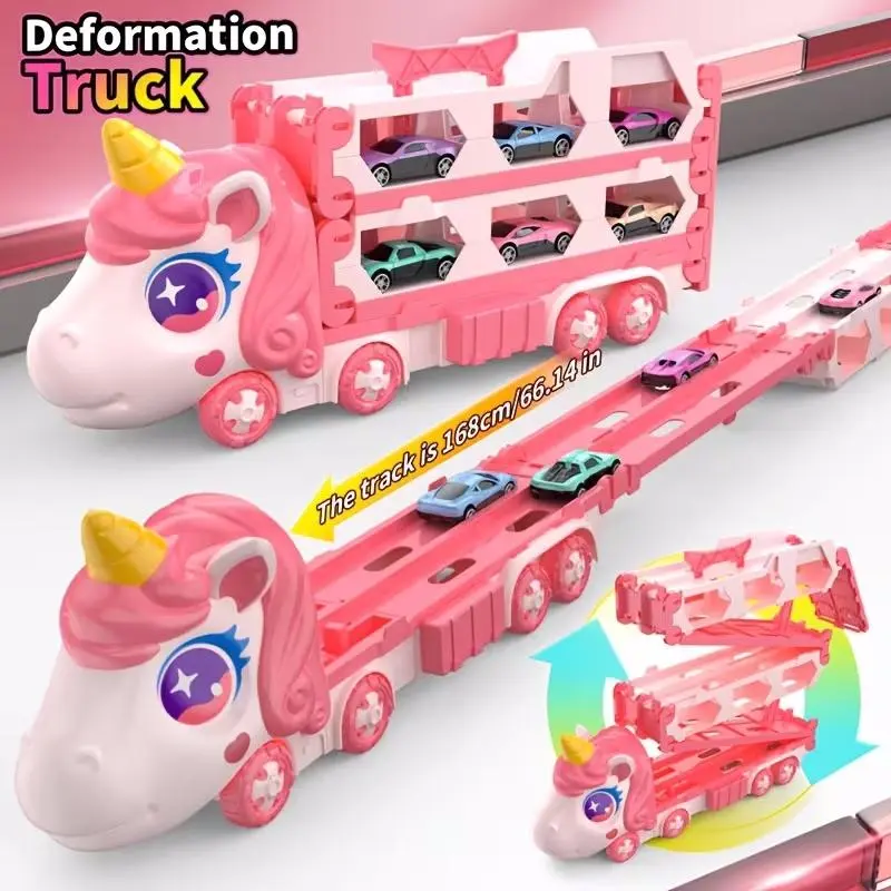 Unicorn Theme Transforming Truck Toy for Girls 4+ Years - Expandable Track, Car Carrier Storage Set, Portable Transport Vehicle with Mini Cars, Girl, Toy Play