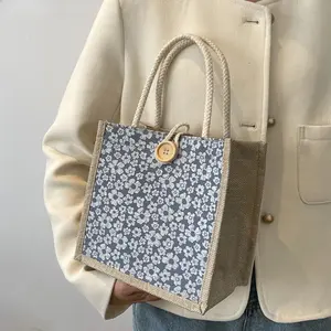 Vintage Floral Jacquard Tote Bag, Women's Linen Burlap Handbag with Wooden Button, Reusable Grocery Shoulder Purse