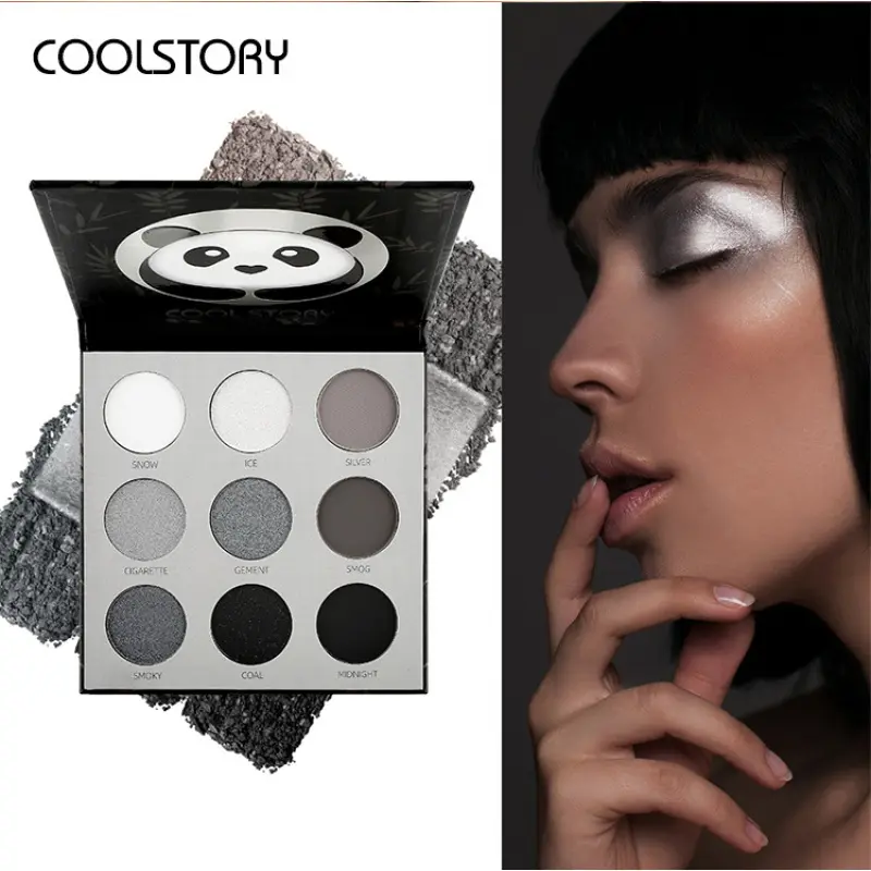 9 Shades Panda Smoky Eyeshadow Palette Cement Gray Matte Silver Glitter Waterproof Long Lasting Portable With Mirror