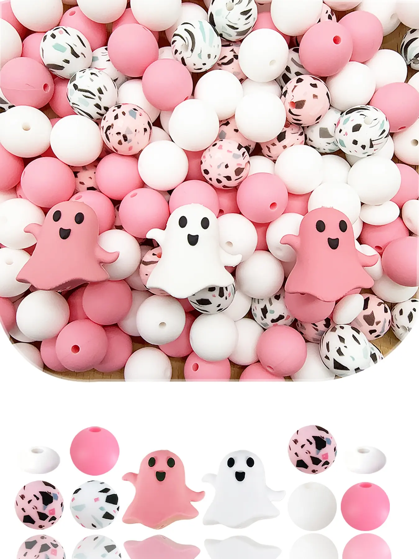44pcs Ghost Silicone Beads Set, Cute Spotted Round Beads, and Cream Color, Halloween Theme, Ideal for DIY Jewelry, Perfect Gift
