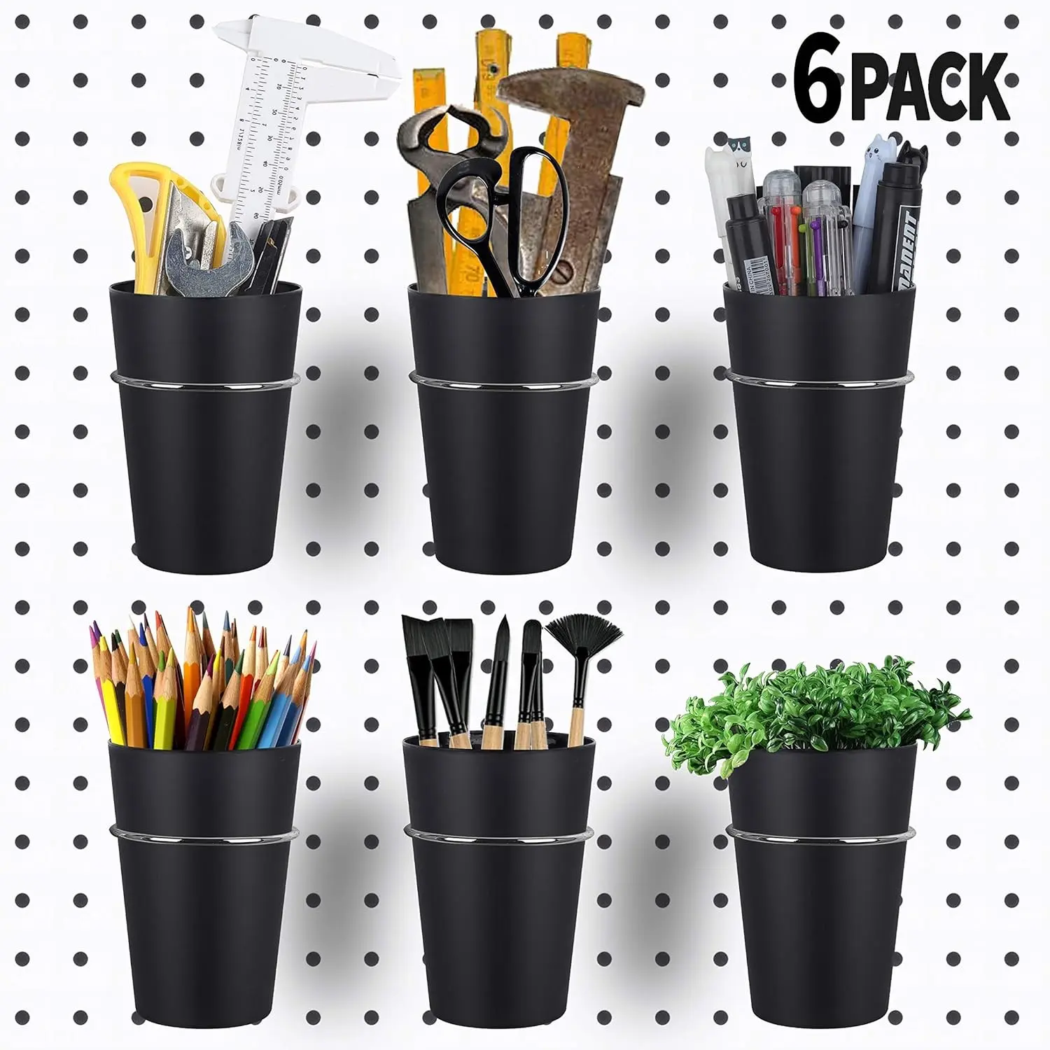6 Set Ring Style Pegboard Hooks with Pegboard Cups, Black, Stainless Steel & Plastic, Ideal for Craft Room, Work Bench, Garage