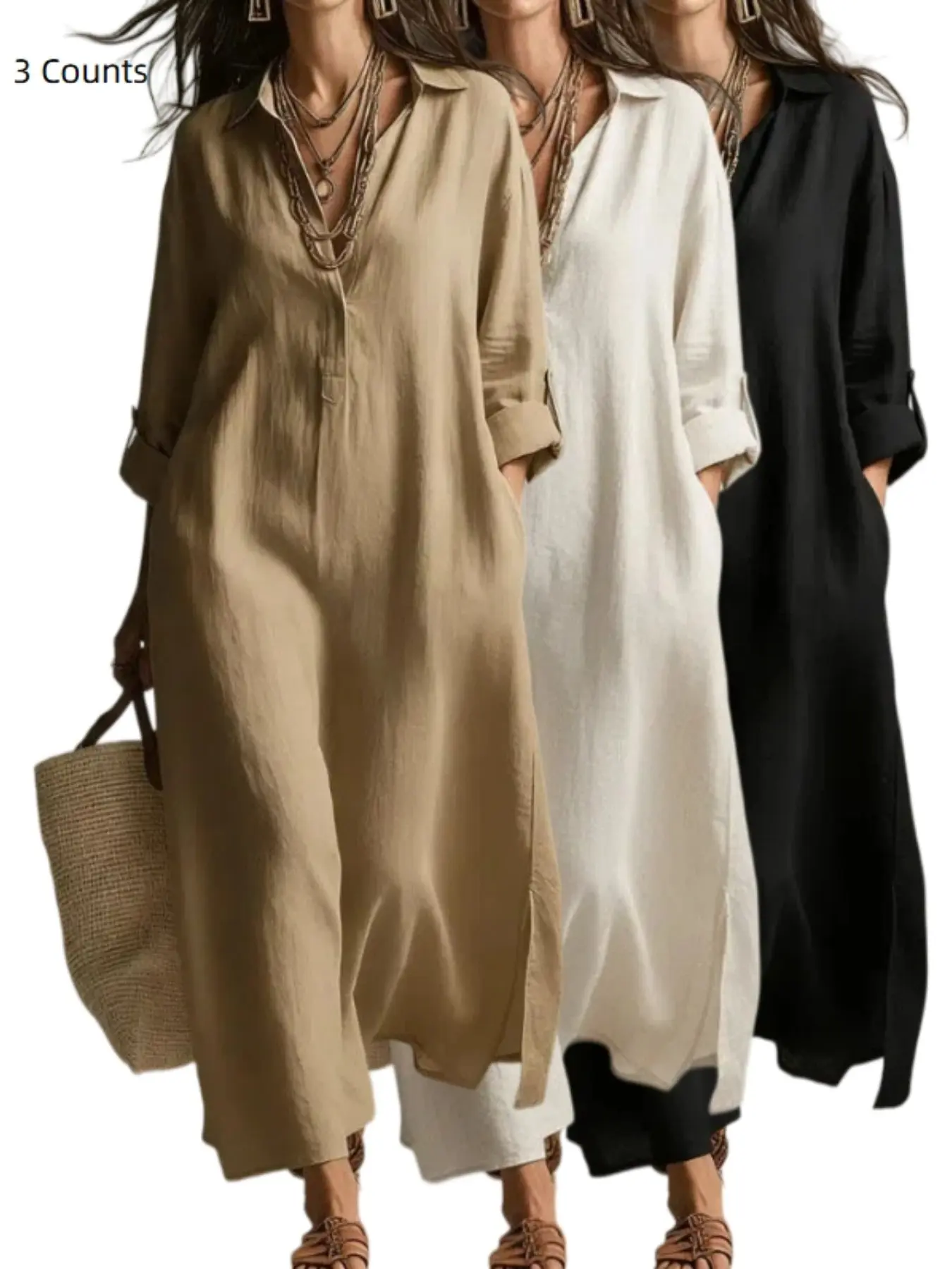 Women's 1/3 piece Solid Color Lapel Collar Casual Long Sleeve Shirt Dress, Lazy Style Midi Dress, Comfortable and Stylish Everyday Wear