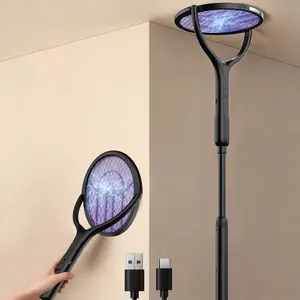 Rotating Head Electric Fly Swatter, 4000V Bug Zapper with 1800mah Rechargeable Battery, 2 in 1 Purple Mosquito Light Killer with Telescopic Extension for Indoor Home Patio Camp Office(Black)