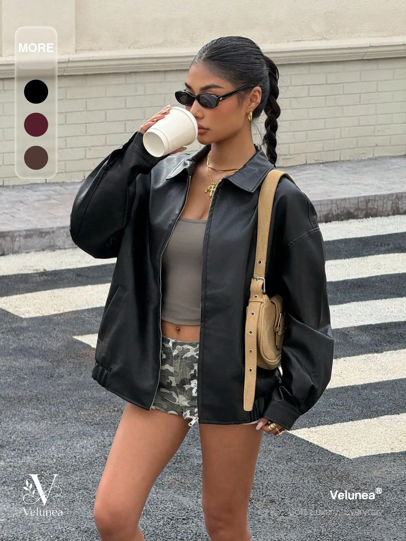 Velunea Women’s Faux Leather Jacket, Oversized Zip Up Jacket with Relaxed Fit and Minimalist Minimal Streetwear Style, Casual Outerwear for Everyday Fashion