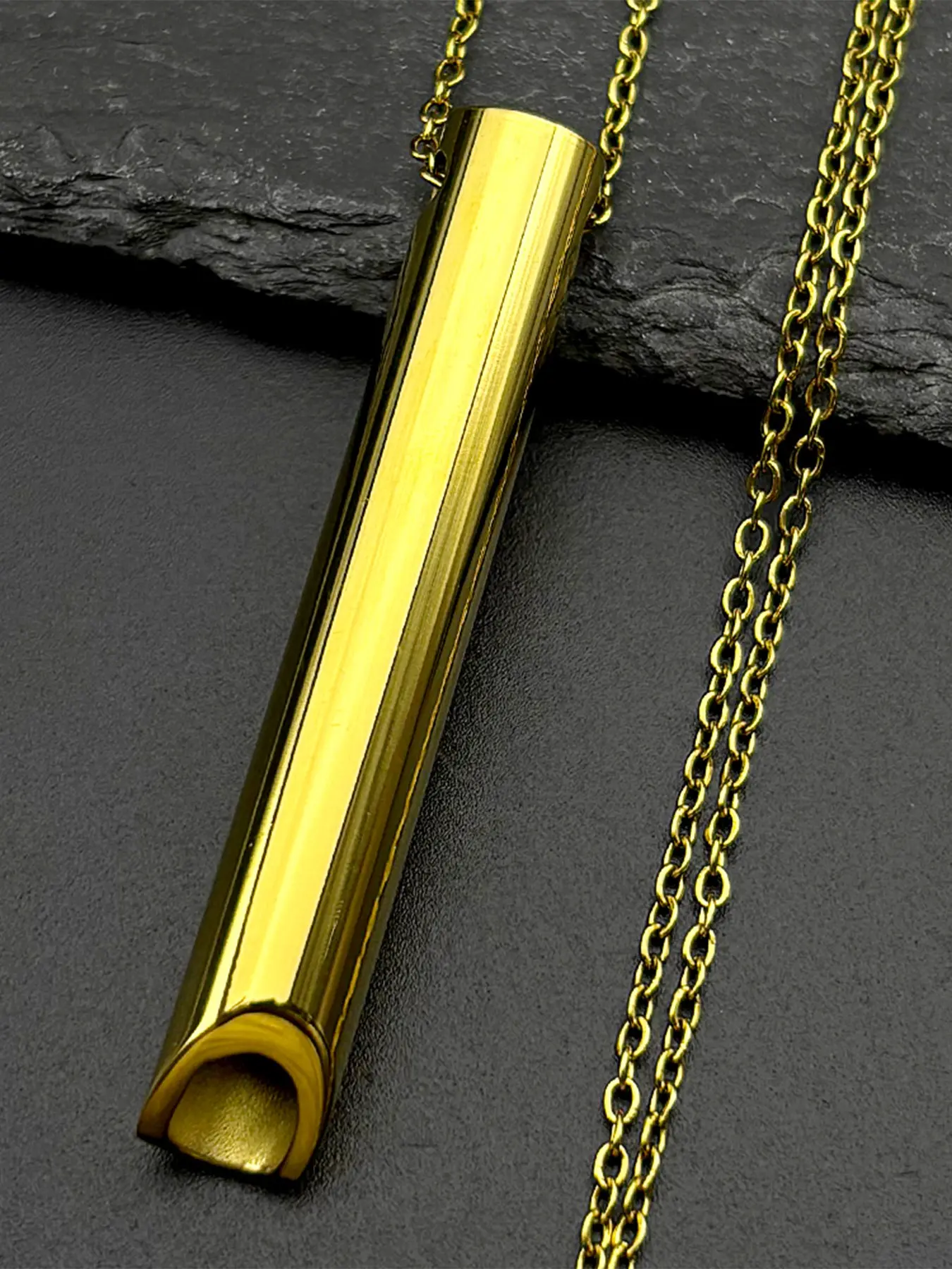 Yoga Breath Training Tube Pendant Necklace for Women Men Stainless Steel Gold Color Stress Relief Meditation Whistle