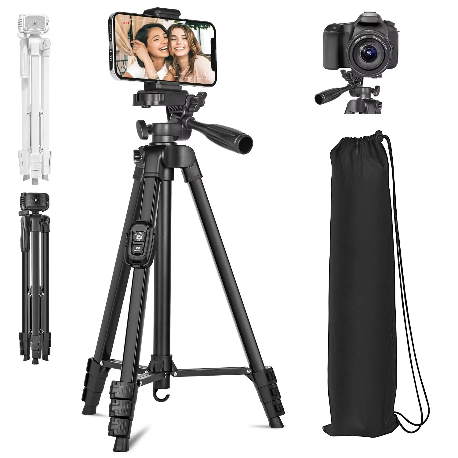 60 Inch Camera Tripod with Remote, Remote Control Tripod, 152cm Aluminum Alloy Phone Tripod Stand, Travel Bag Included, Ideal for Selfie, Vlog, Live Streaming, Photography, Camera Accessories