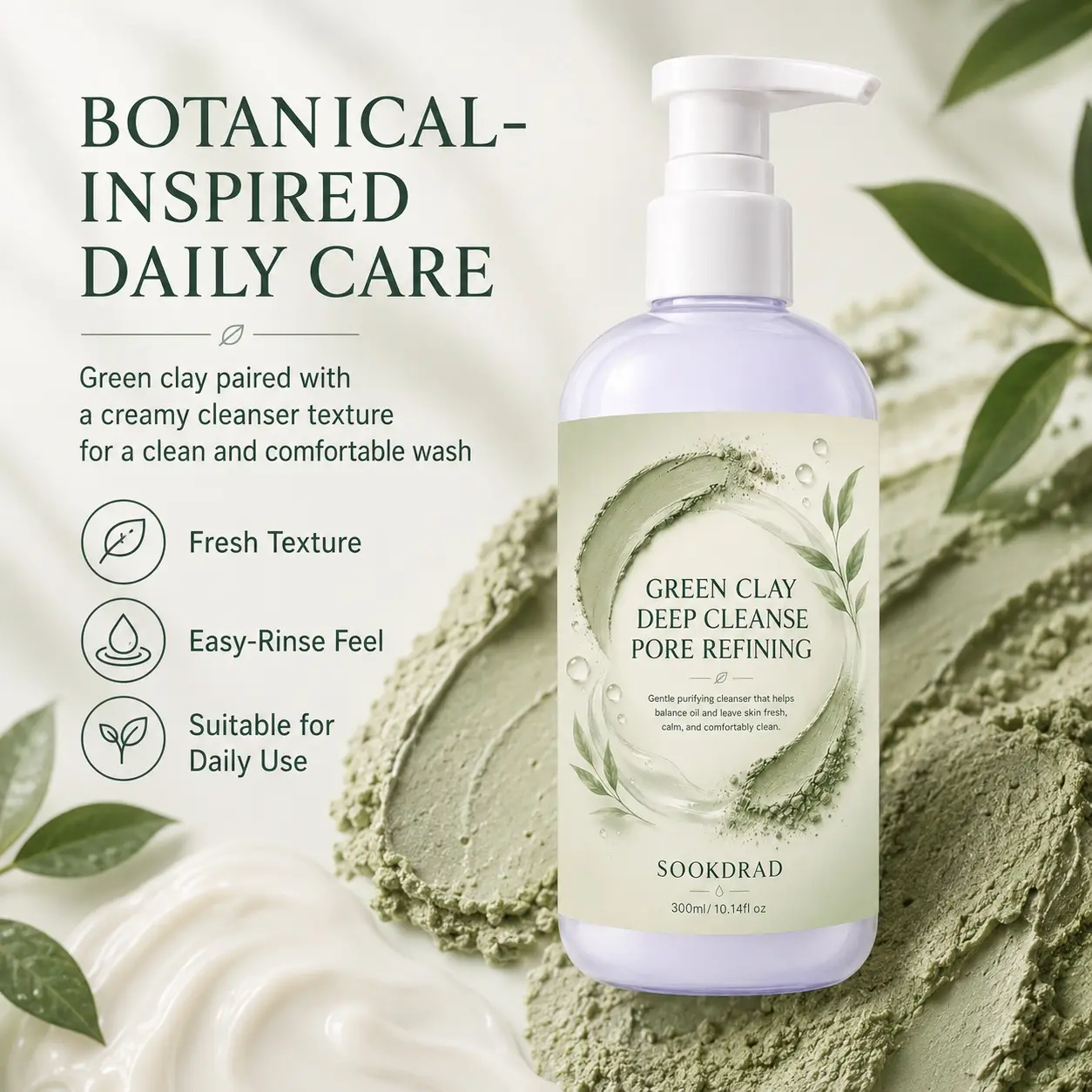 Green clay cleanser, deep cleanse, pore refining, gentle purifying, oil balancing, face care, all skin types, daily cleansing, 300ml/10.14fl oz