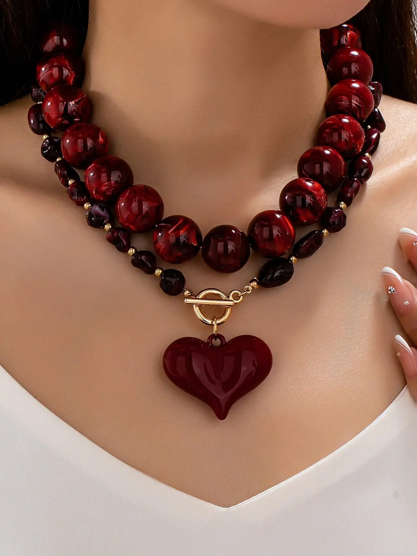 2 Pcs Chunky Double Layer Red Beaded Stacking Necklace for Women, Large Heart Pendant Statement Necklace, Handmade Boho Toggle Choker Jewelry for Wedding Vacation