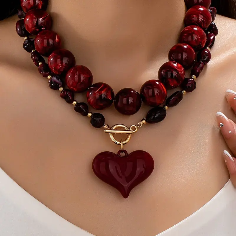 2 Pcs Chunky Double Layer Red Beaded Stacking Necklace for Women, Large Heart Pendant Statement Necklace, Handmade Boho Toggle Choker Jewelry for Wedding Vacation