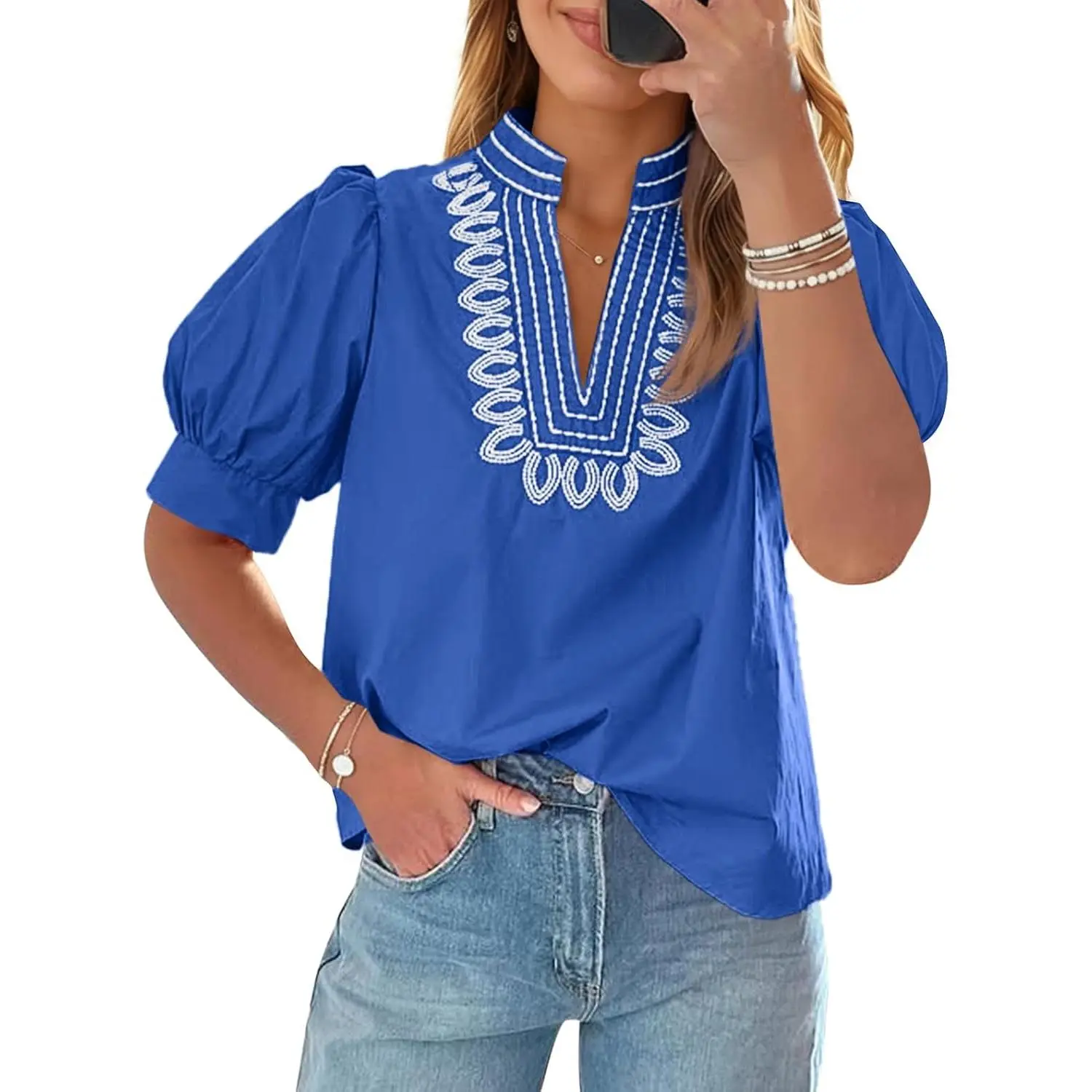 Cicy Bell Womens Puff Short Sleeve Blouses Summer Casual Dressy Embroidered V Neck Tops Loose Fit Tee Shirts