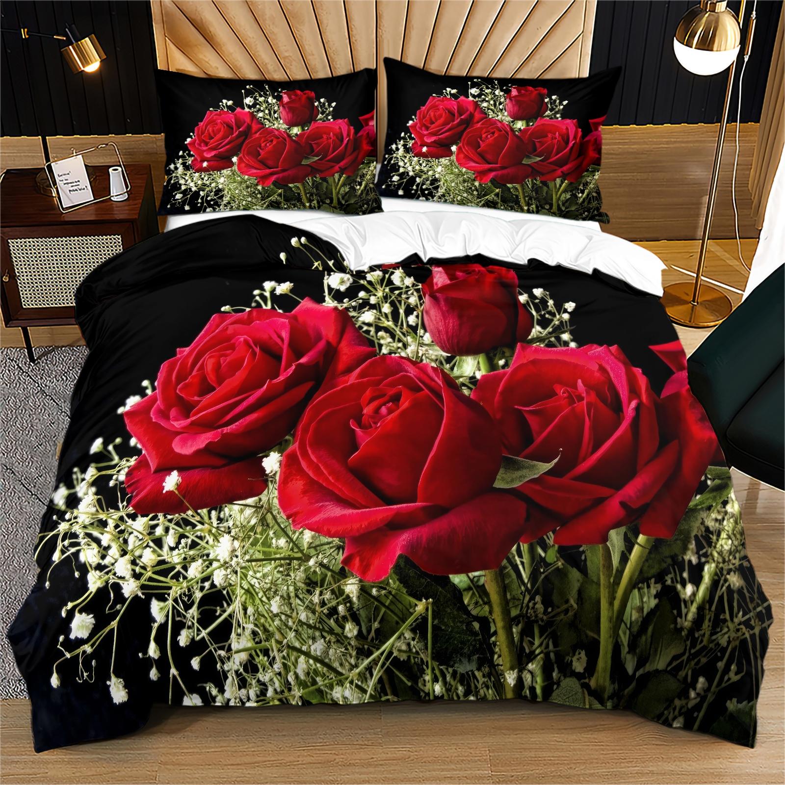 Rose Pattern Bedding Set, Soft Comfortable Sheets & Pillowcases, Bedroom Decor, Includes Fitted Sheet, Flat Sheet, 1/2 Pillowcase