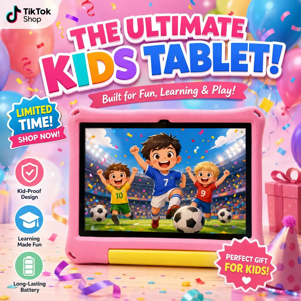 10.1 Inch Kids Tablet, 4GB RAM 64GB ROM, Android 12, Dual Camera, Kid-Proof Case with Handle, WiFi Learning Tablet for Toddlers, Holiday Gift