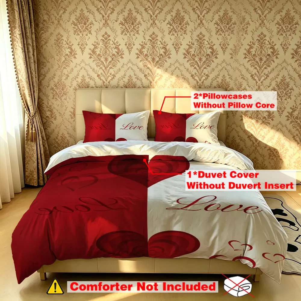 The 3-piece heart-shaped "Love" bedding set includes one bedspread and two pillowcases, without fillings. It's soft and comfortable, suitable for single beds and double beds, and ideal for use in bedrooms, dormitories, and hotels.