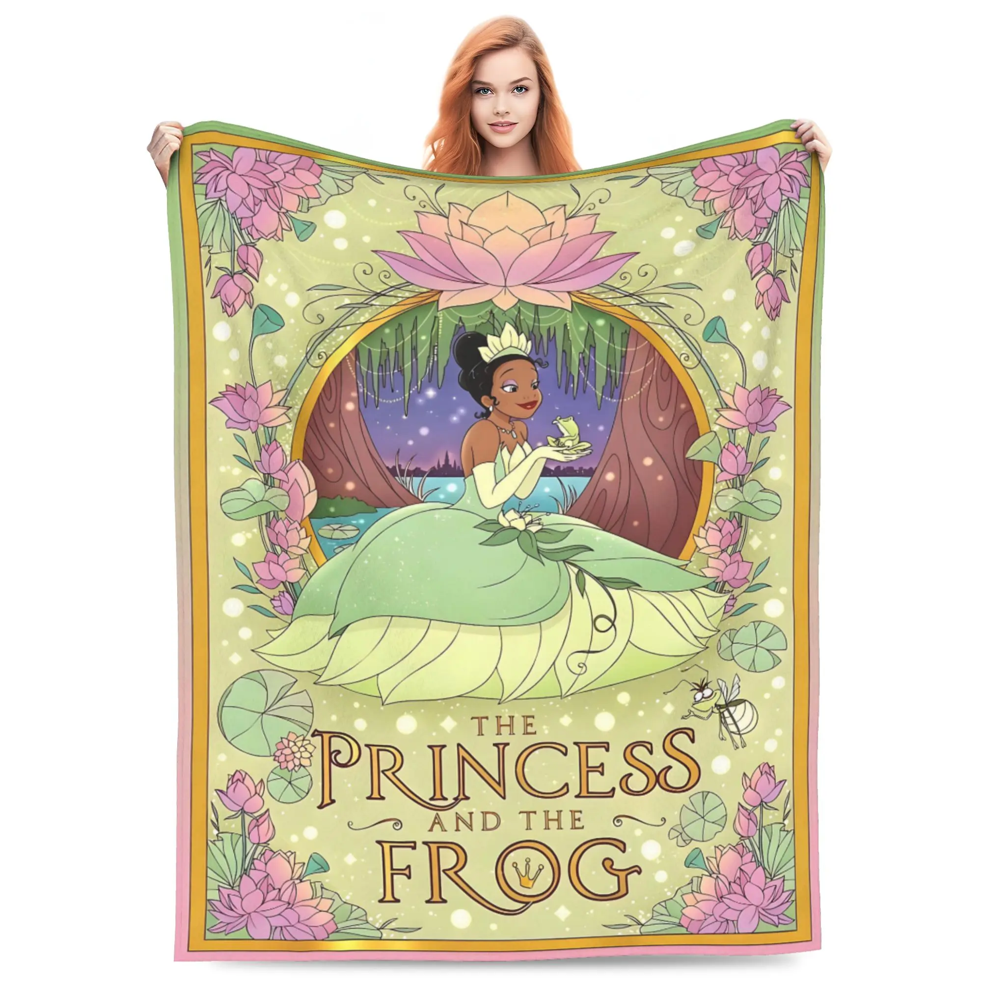 DISNEY CLASSIC The Princess and The Frog Throw Blanket, Tiana Vintage Art Nouveau Lotus Floral Frame Print, Soft Flannel Lightweight Cozy Blanket for Sofa Bed Home Decor