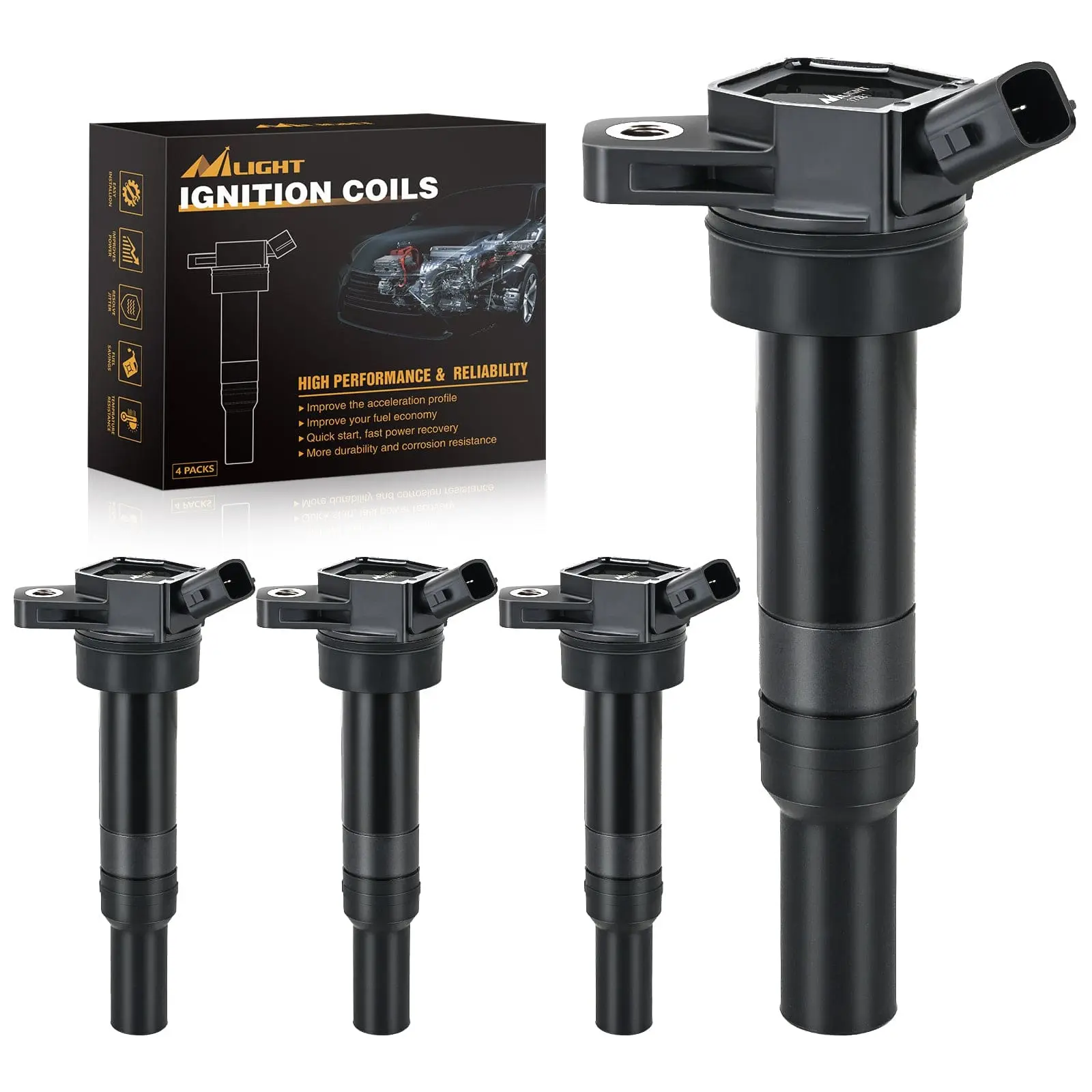Nilight 4pcs Ignition Coil Packs with Copper Wire & Silicone Rubber - Durable, Easy Install, High-Performance, Shock-Resistant - Fit UF651 for Hyundai Tucson/Elantra, Kia Soul/Forte 1.8L/2.0L (2011-2020) - OE# 5C1861,C1804,1788511,273002E000, Replacement,