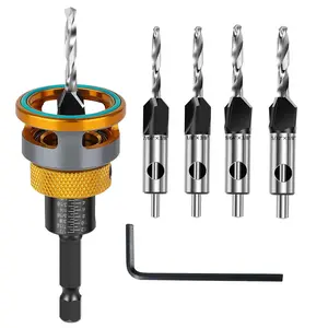 Countersink Drill Bit Set with Depth Stop , Four Blades Countersink Bits with Adjustable Depth Stop and L Shape Wrench, Wood Countersink Bit Set for Wood, Plastic, Woodworking