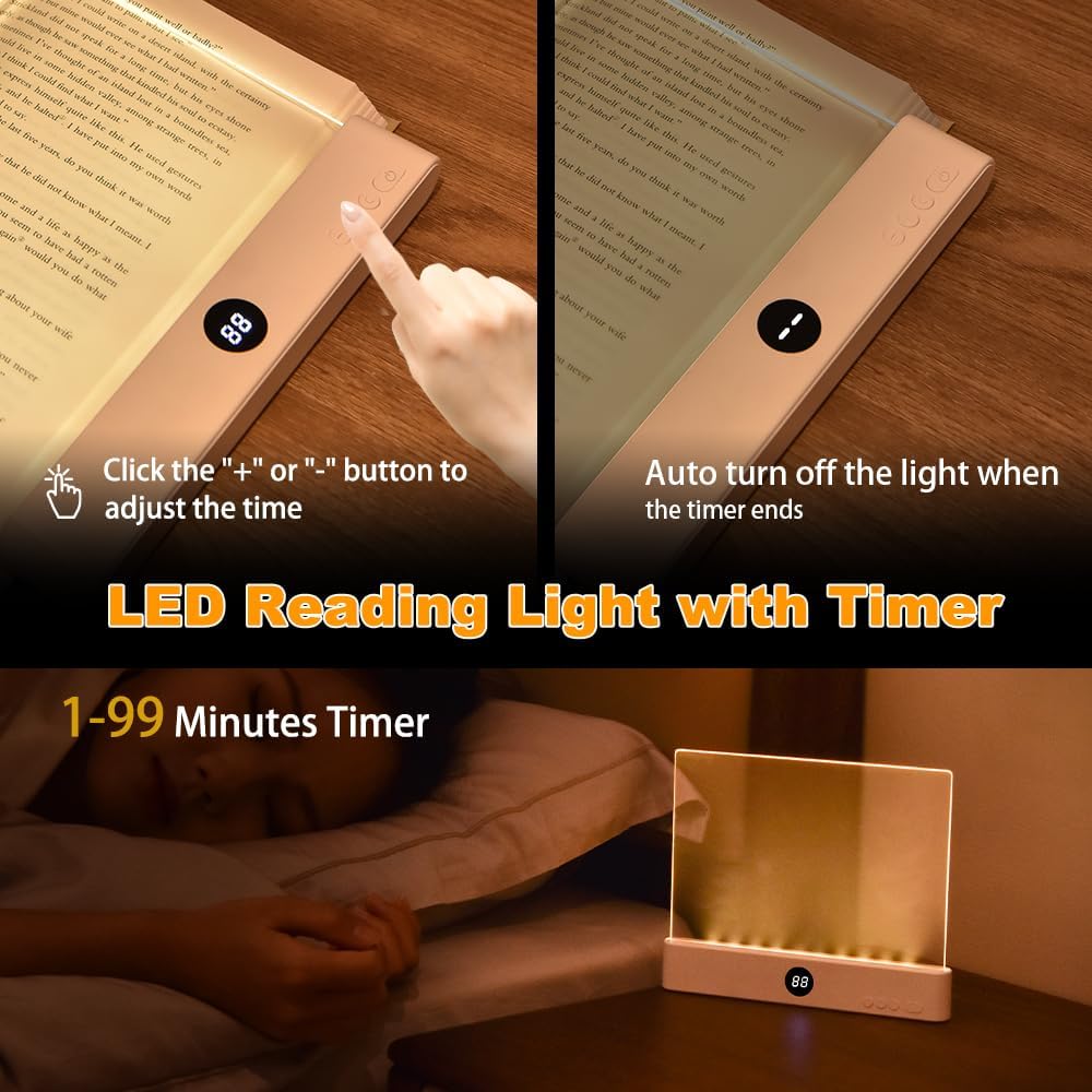 Book Light, Rechargeable Clear LED Flat Reading Light with & Timer, Dimmable Panel Plate Lamp Book Full Page Light for Reading in Bed at Night, Funny Gifts for Readers