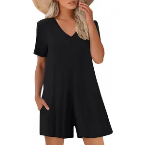 Rompers for Women Summer Casual Short Sleeve Jumpsuits Loose V Neck One Piece Outfits with Pockets(Gift)
