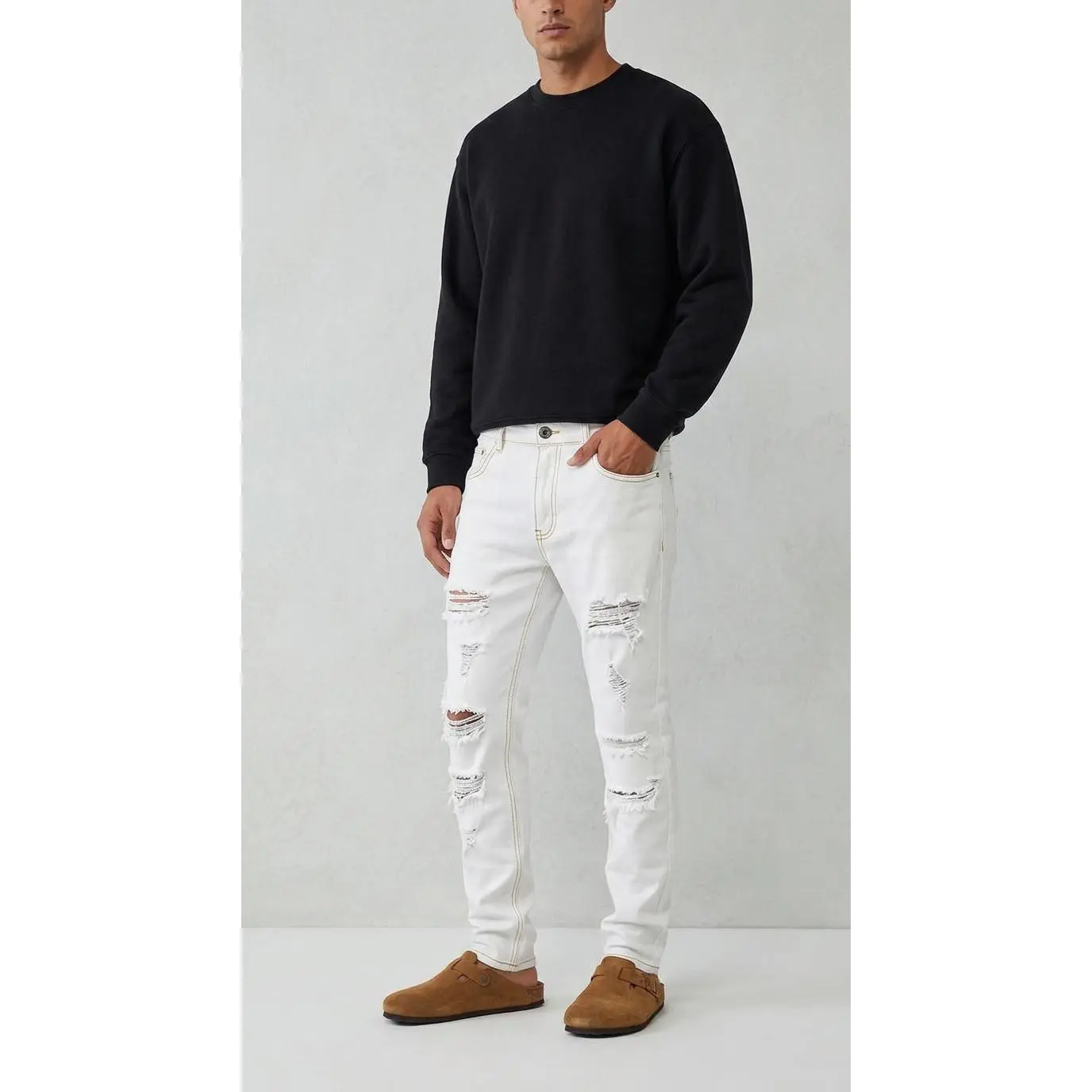 Men's White Slim Fit Full Length Ripped Raw Edge Jeans - Contrast Stitch, Washed Stretch Denim Pants with Holes - Machine Washable for Commute, Casual Wear