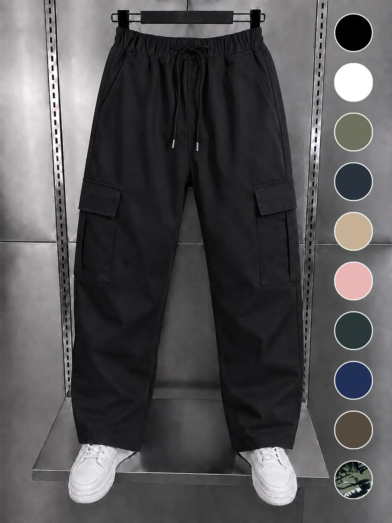 Men's Drawstring-Waist Wide-Leg Cargo Pants, Multi-Color Relaxed-Fit Straight-Cut Trousers, Big Side Pocket Streetwear Casual Daily-Wear Bottoms