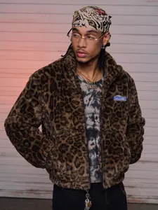 American Retro Leopard Print Faux Fur Jacket, Challenge Embroidered Winter Warm Thick Coat, Streetwear Loose Fit Top