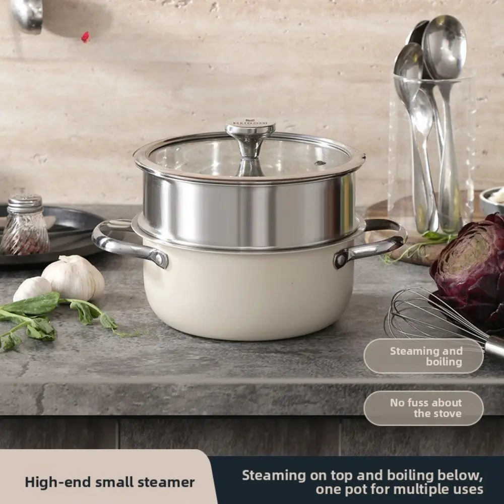 Tired Of Using Multiple Pots! Korean‑Style White Stainless Steel Steamer Pot for Cooking, 2‑Tier Steam & Boil Cookware With Heat‑Resistant Handles, Compatible For Induction & Gas Stove For Home Kitchen