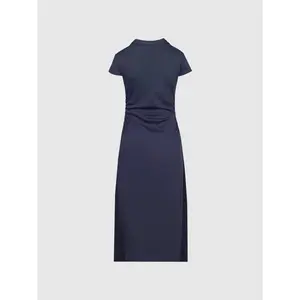 URBAN REVIVO Navy Cotton Polyester Blend Ruched A-Line Maxi Dresses