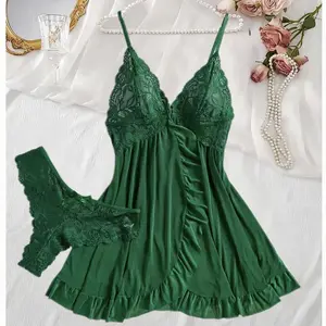 Lace Night Dress And Panty Pijamas Sets Transparent Blue Sexy Lingerie Women's Underwear See Through Sleepwear Female Nightwear  Tulle Suspenders Exquisite Women's  Lace V-Neck Underwear Semi-transparent Thong Dress Set Females