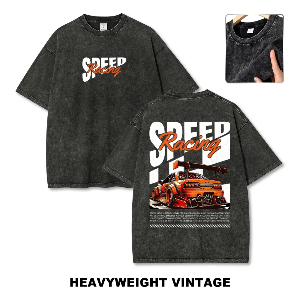 Vintage Washed Graphic T-Shirt Heavyweight Oversized Speed Racing Car Tee Unisex Streetwear Muscle Car