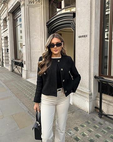 Women's Tweed Blazers Long Sleeve Business Button Down Casual Cropped Blazer Jackets with Pockets